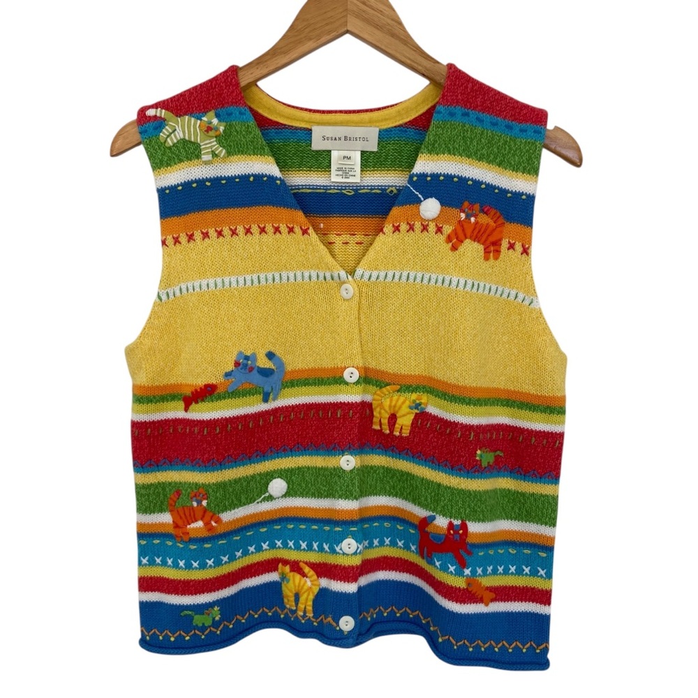 Susan Bristol Stripe Hand Embroidered Cat Sweater Vest Petite Medium Kidcore